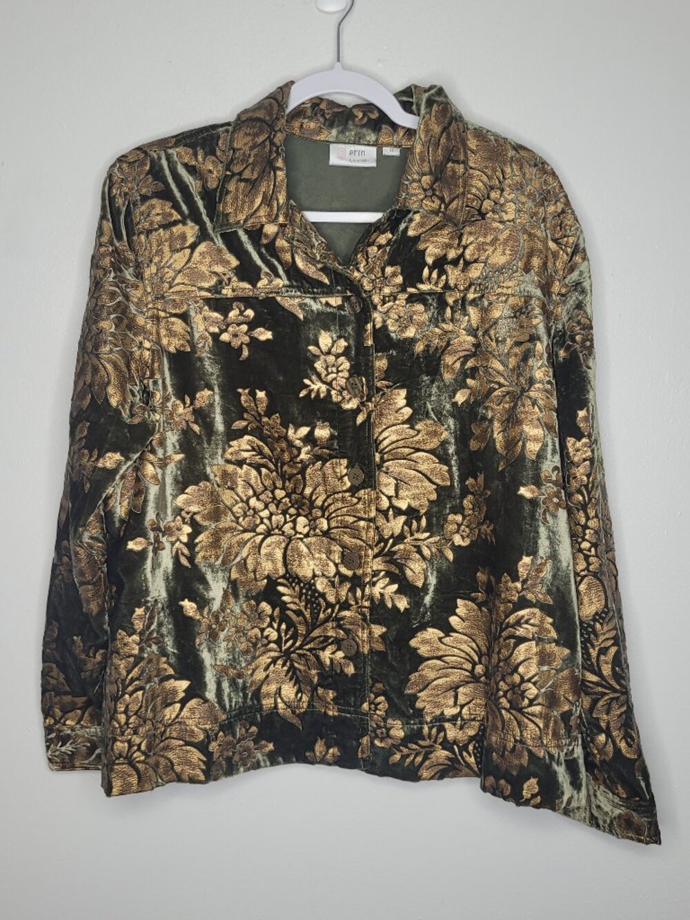 Erin London green gold velvet flower print button front jacket size 1x
